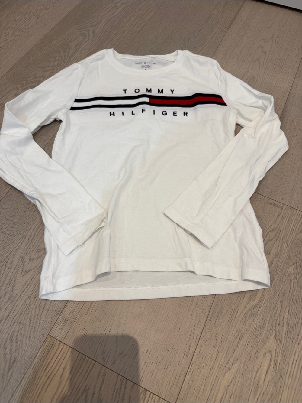Tommy Hilfiger White Long Sleeve Tee with Red & Navy Stripe